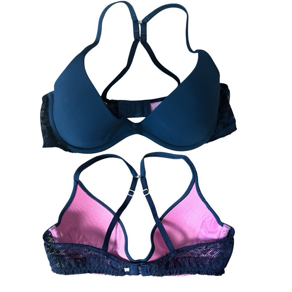 PINK Victoria’s Secret Scoopneck bra 34B Navy Blue Lace band convertible hooks